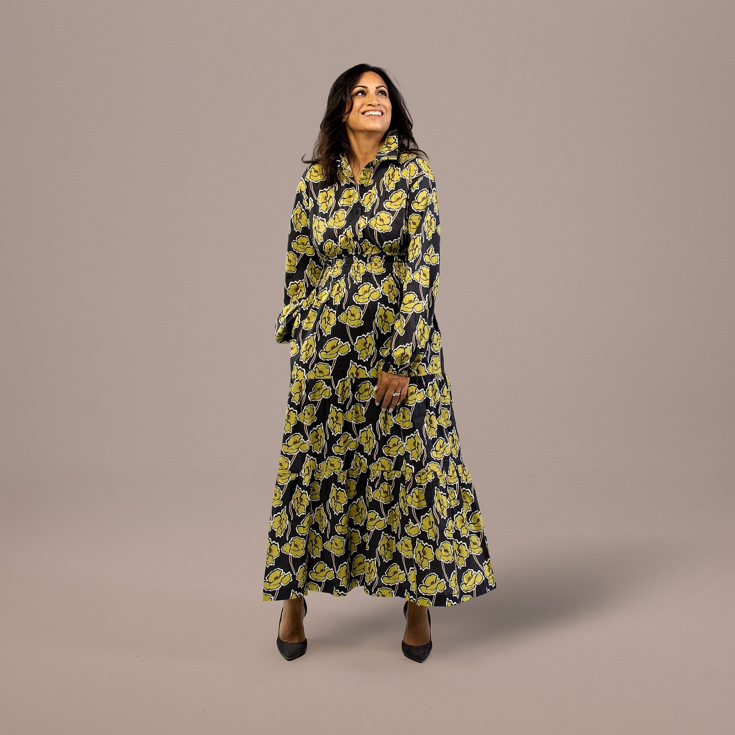 Maxi Dress Long Sleeve Floral Print Gray Green