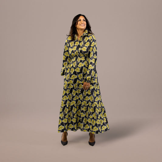 Maxi Dress Long Sleeve Floral Print Gray Green