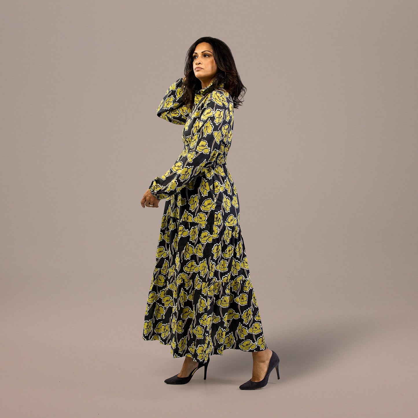 Maxi Dress Long Sleeve Floral Print Gray Green