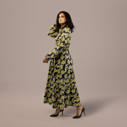 Maxi Dress Long Sleeve Floral Print Gray Green