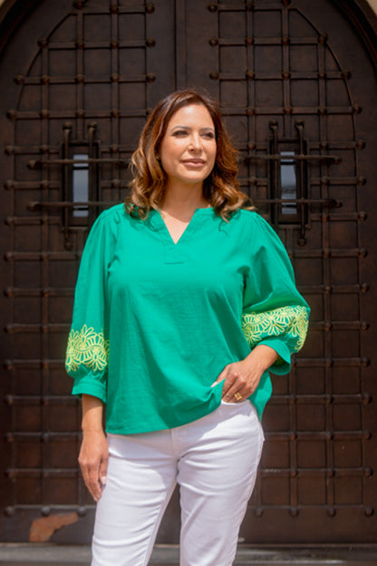 Embroidered Long Balloon Sleeve Top Green