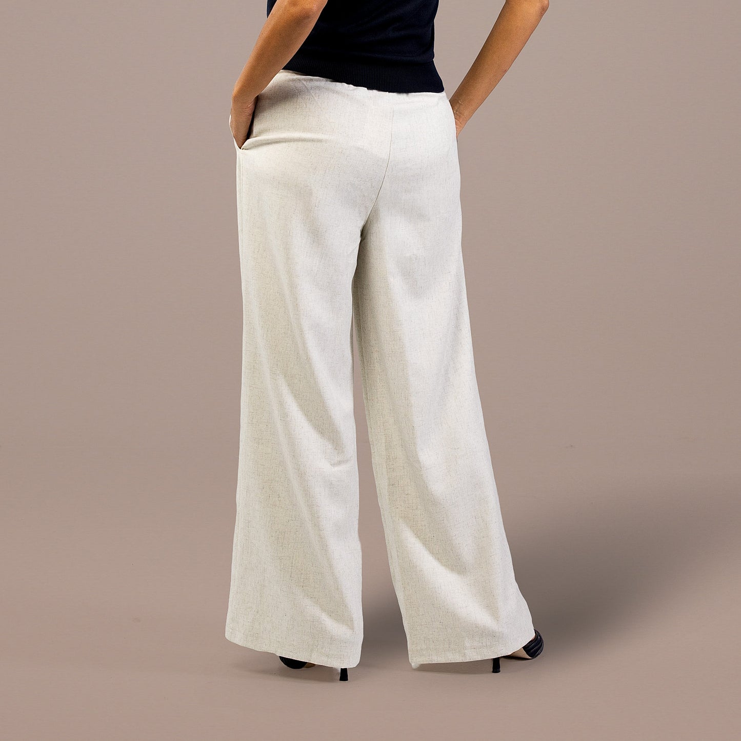 Pleated Wide Leg Pants Elastic Waist Ivory