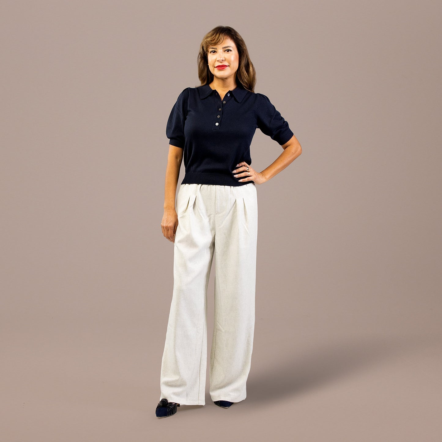 Pleated Wide Leg Pants Elastic Waist Ivory