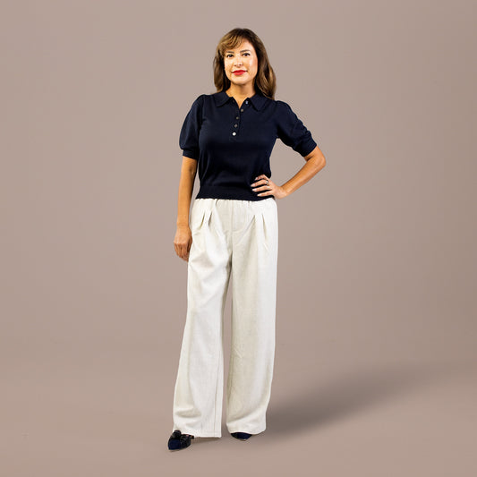 Pleated Wide Leg Pants Elastic Waist Ivory