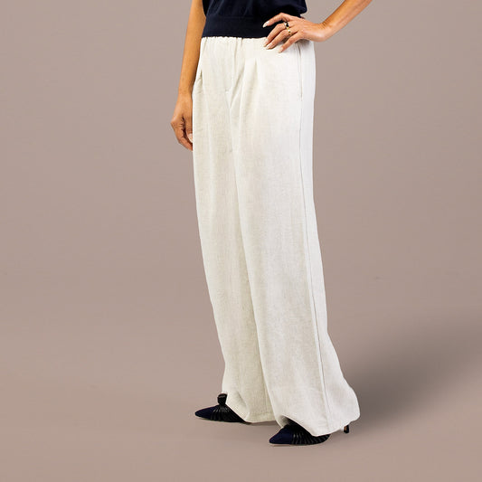 Pleated Wide Leg Pants Elastic Waist Ivory