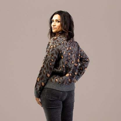 Leopard Print Crew Neck Sweater Charcoal