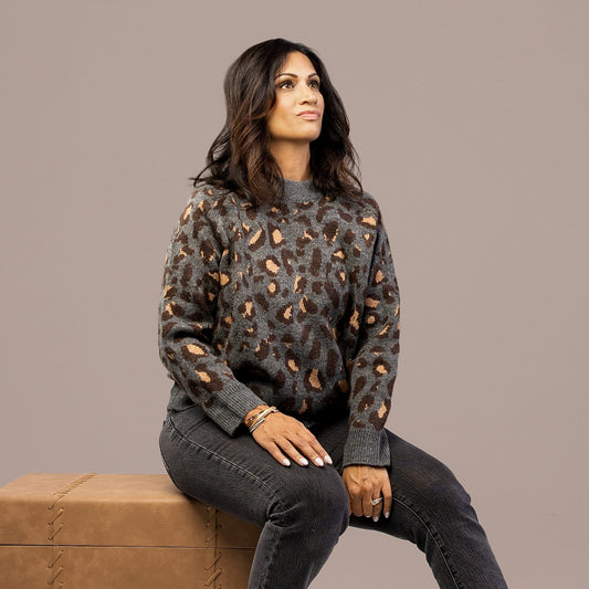 Leopard Print Crew Neck Sweater Charcoal