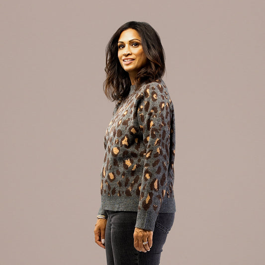 Leopard Print Crew Neck Sweater Charcoal