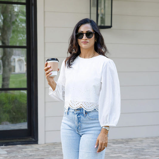 Cropped Long Sleeve Eyelet Trim Top White