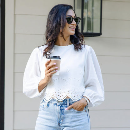 Cropped Long Sleeve Eyelet Trim Top White
