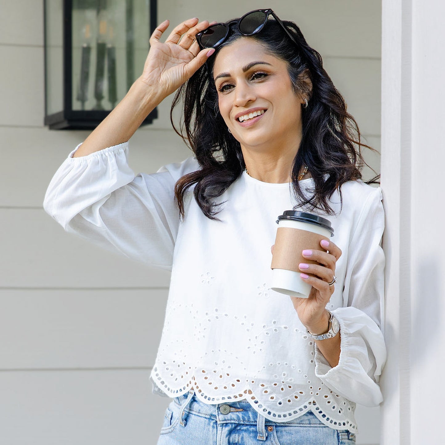 Cropped Long Sleeve Eyelet Trim Top White