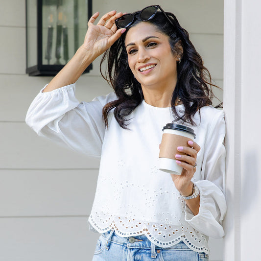 Cropped Long Sleeve Eyelet Trim Top White