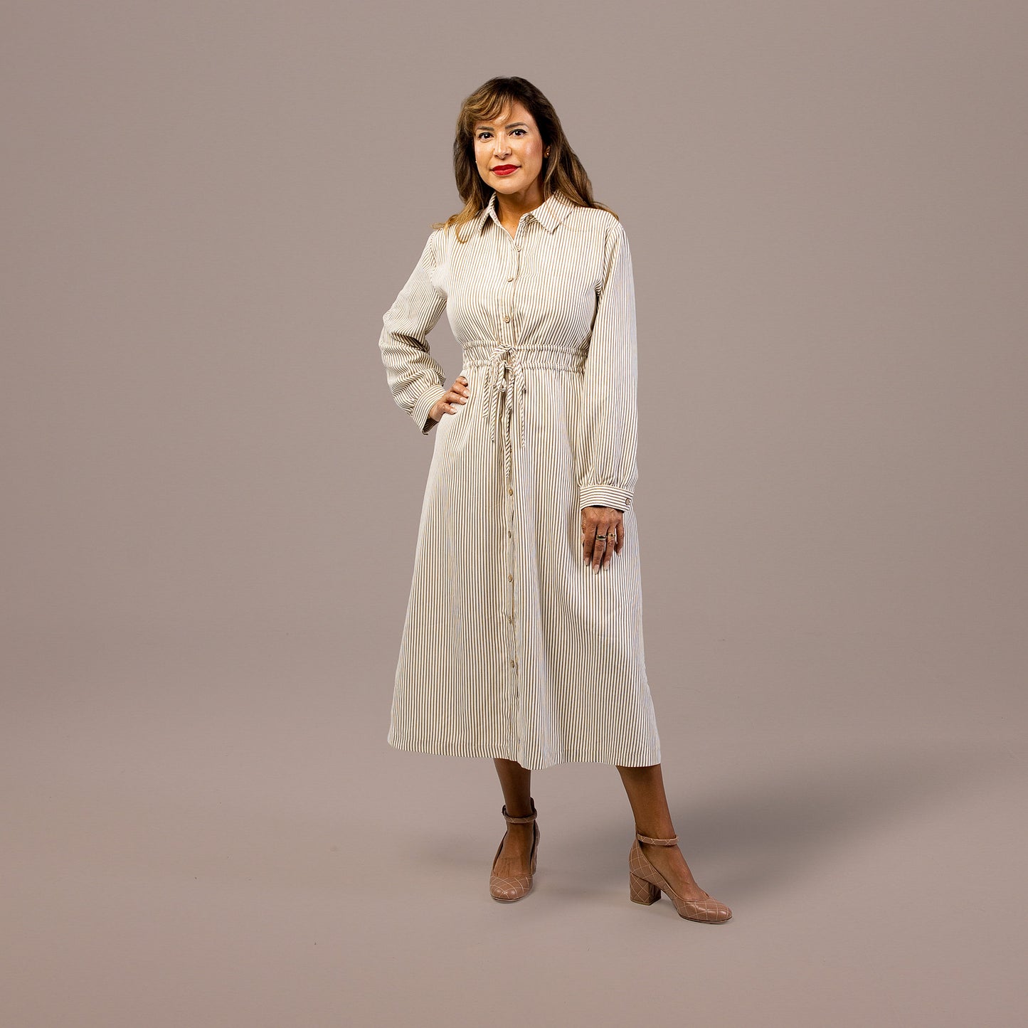 Long Sleeve Midi Dress Ivory Mocha Stripe