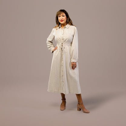 Long Sleeve Midi Dress Ivory Mocha Stripe