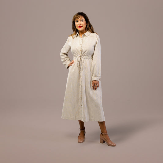 Long Sleeve Midi Dress Ivory Mocha Stripe