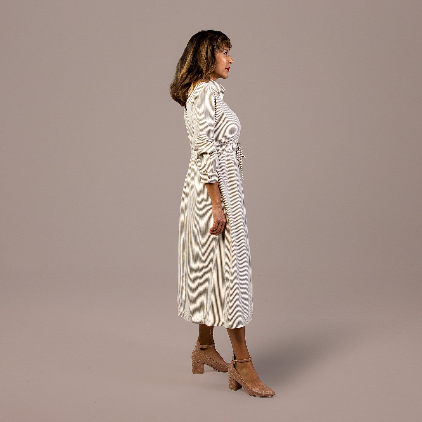 Long Sleeve Midi Dress Ivory Mocha Stripe