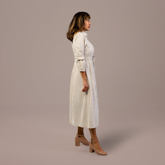 Long Sleeve Midi Dress Ivory Mocha Stripe