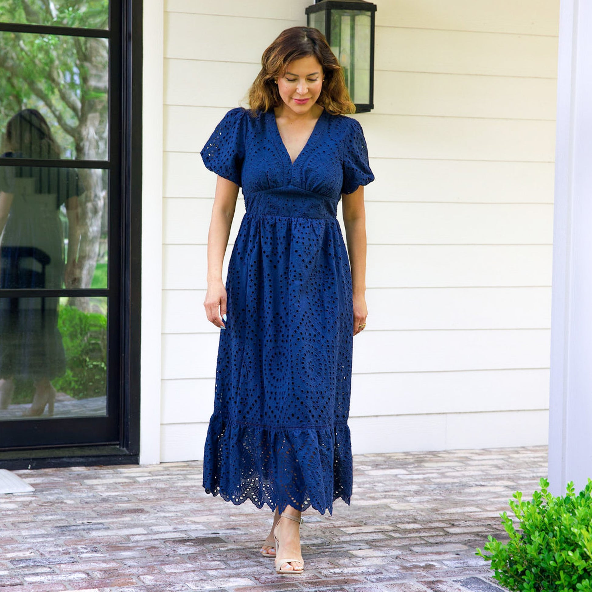 Eyelet Short Sleeve Maxi Dress Navy Blue M