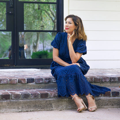 Eyelet Short Sleeve Maxi Dress Navy Blue