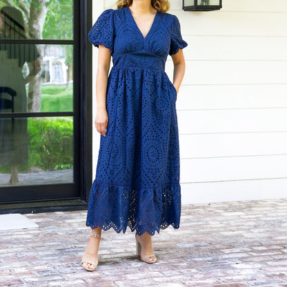 Eyelet Short Sleeve Maxi Dress Navy Blue