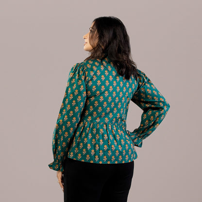 Floral Peplum Long Sleeve Top Teal
