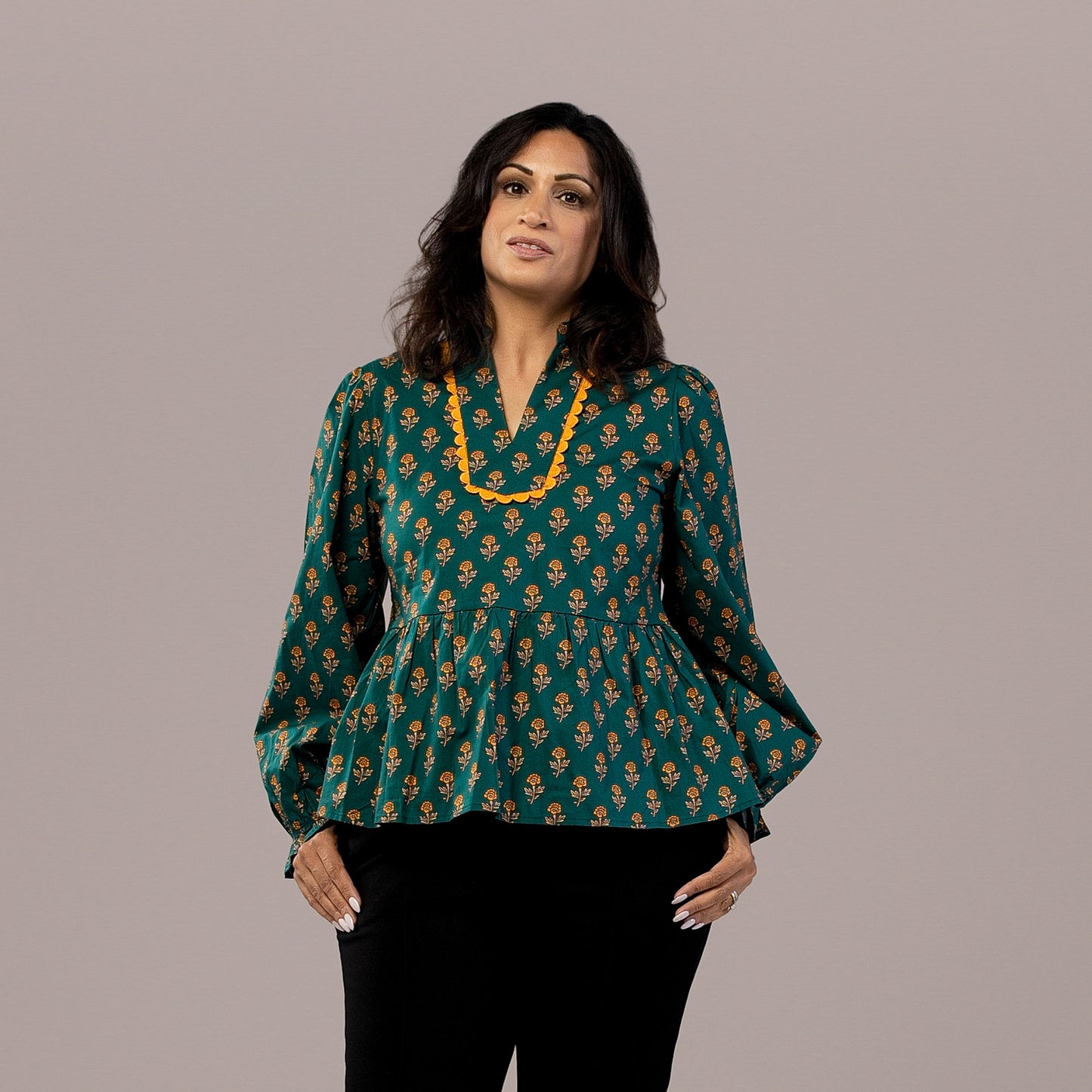 Floral Peplum Long Sleeve Top Teal