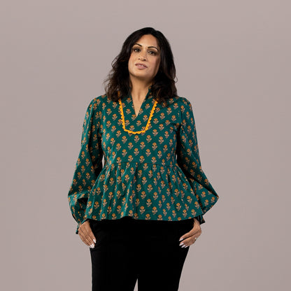 Floral Peplum Long Sleeve Top Teal