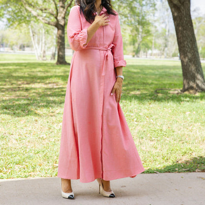 Long Sleeve Belted Maxi Shirt Dress Pink