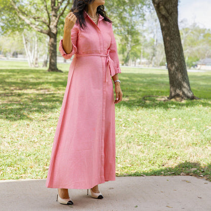 Long Sleeve Belted Maxi Shirt Dress Pink