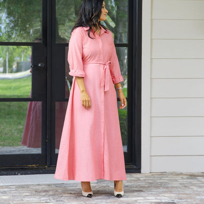 Long Sleeve Belted Maxi Shirt Dress Pink