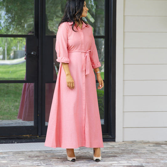 Long Sleeve Belted Maxi Shirt Dress Pink