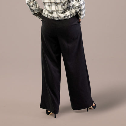 Pleated Wide Leg Pants Elastic Waist Black