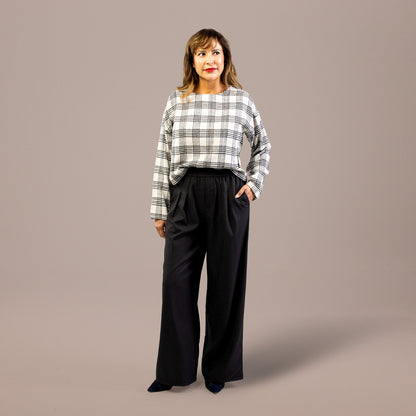 Pleated Wide Leg Pants Elastic Waist Black