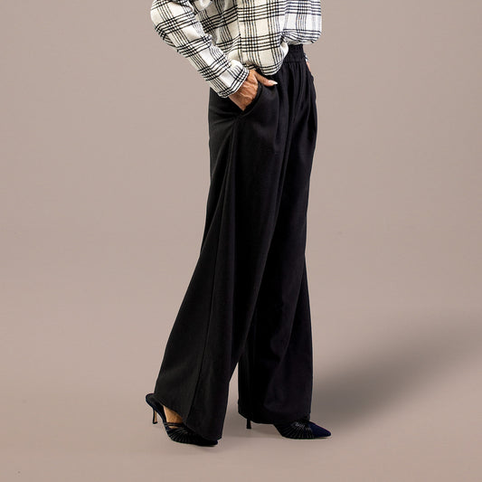 Pleated Wide Leg Pants Elastic Waist Black