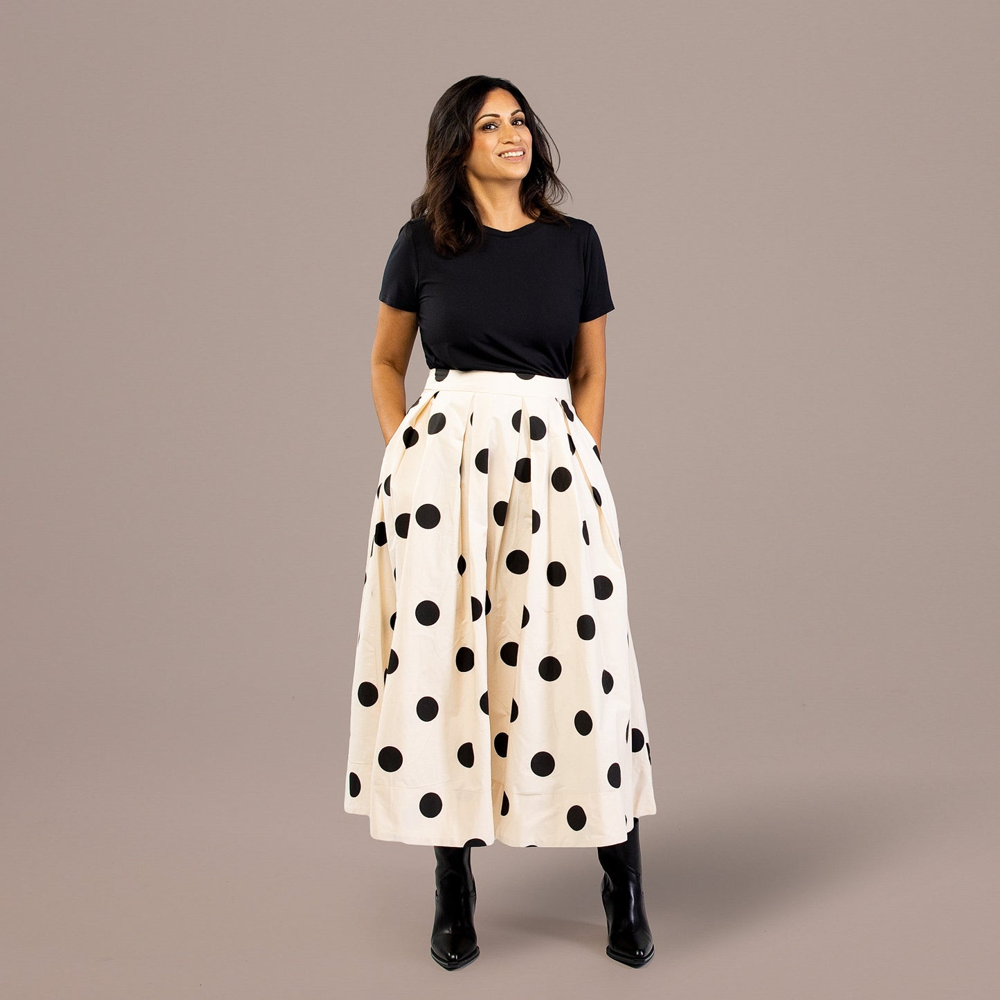 Polka Dot A-Line Pleated Midi Skirt