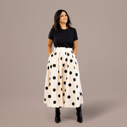 Polka Dot A-Line Pleated Midi Skirt