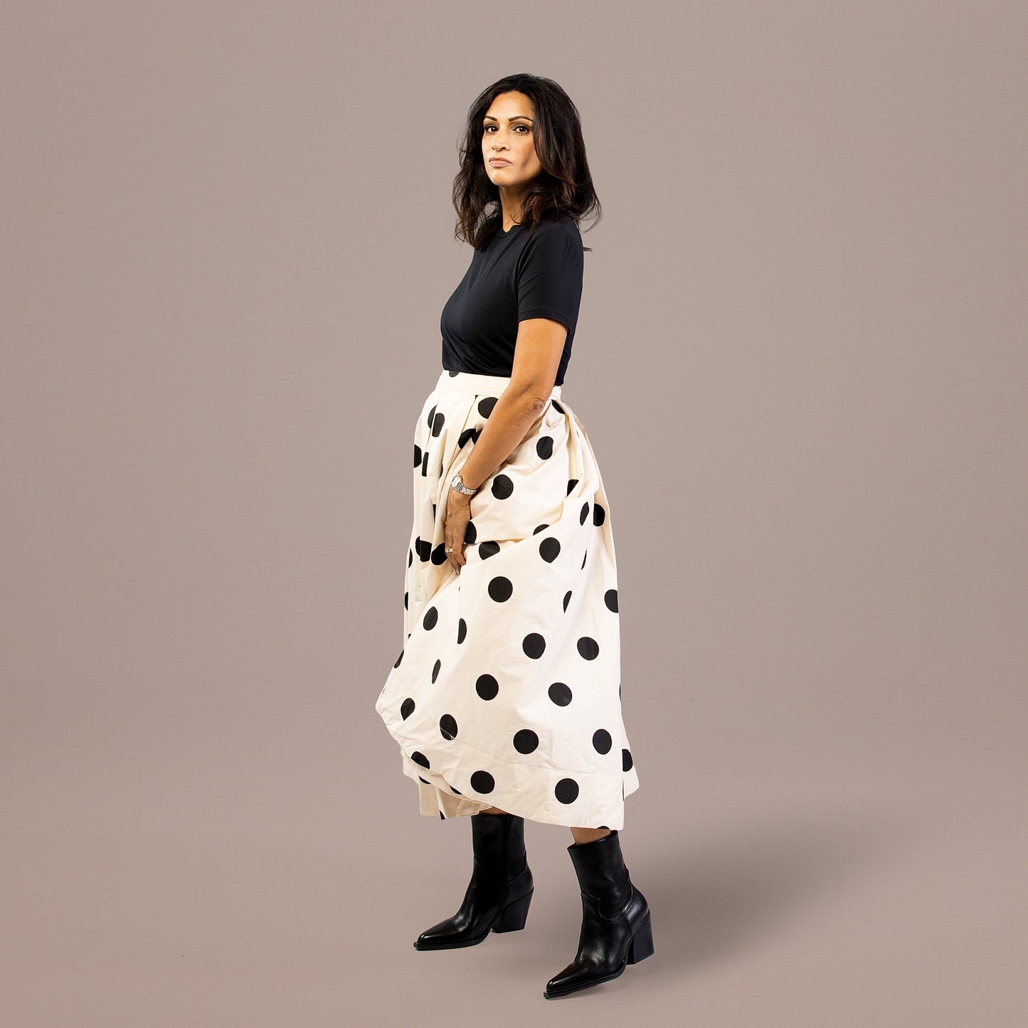 Polka Dot A-Line Pleated Midi Skirt
