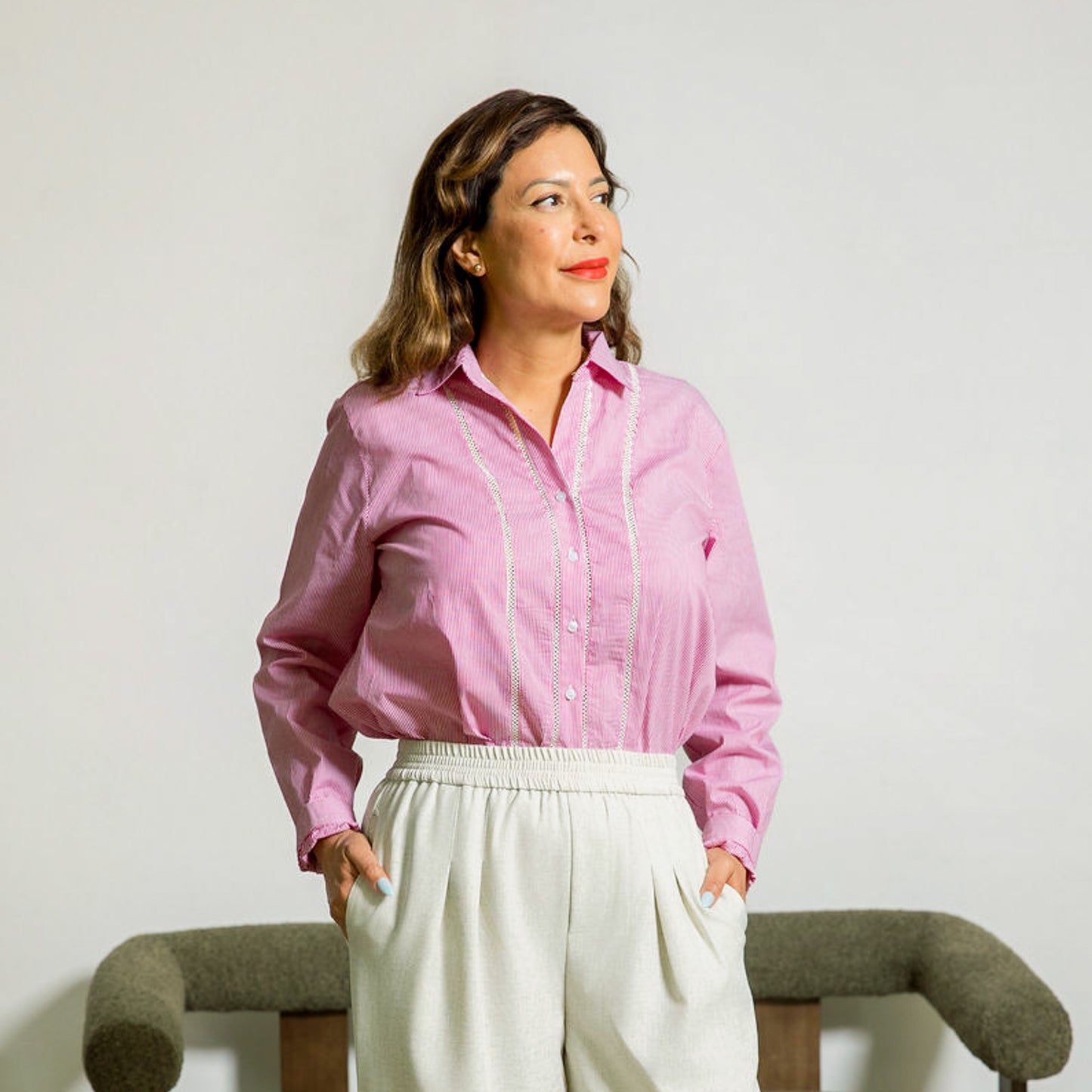 Long Sleeve Lace Inset Striped Button Down Shirt Red