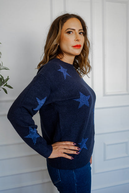 Sparkly Star Pull Over Sweater Blue