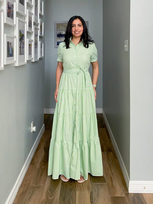 Short Sleeve Maxi Dress Pinstripe Green and White