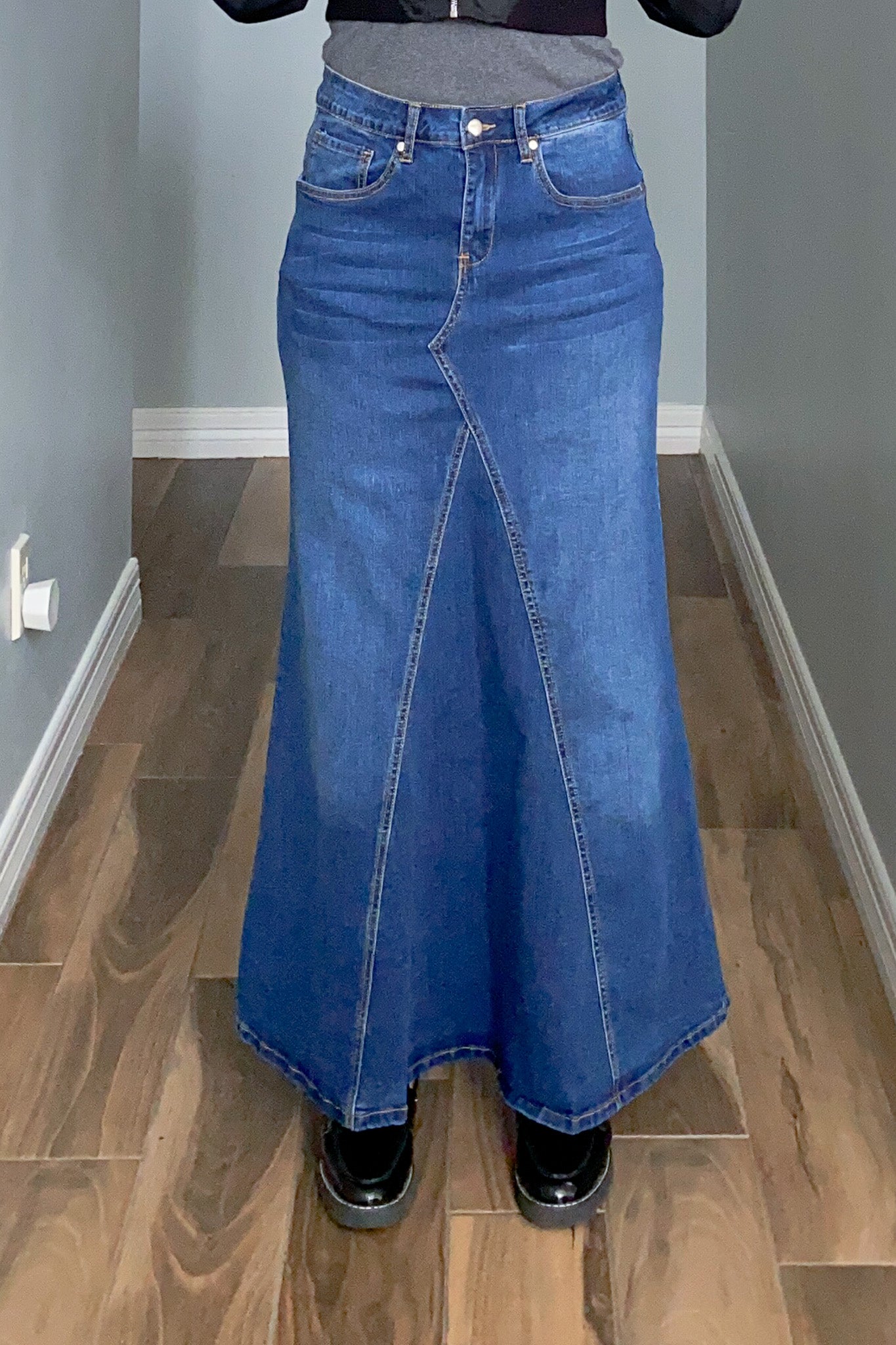 A-line Paneled Denim Maxi Skirt