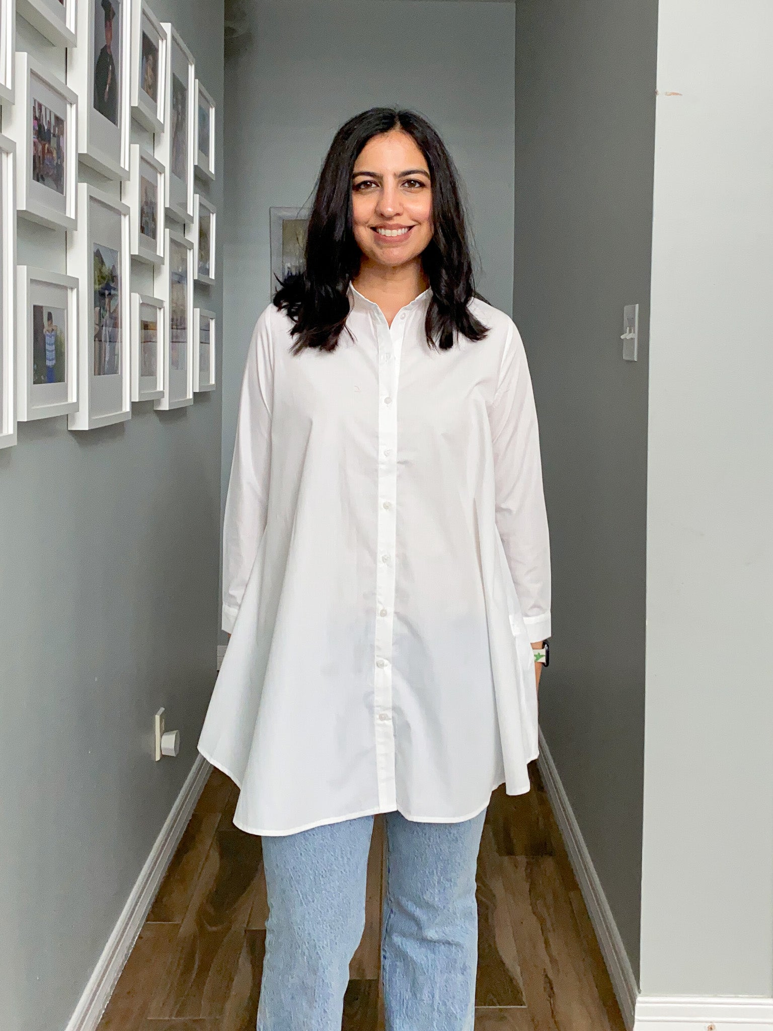 white button down tunic top