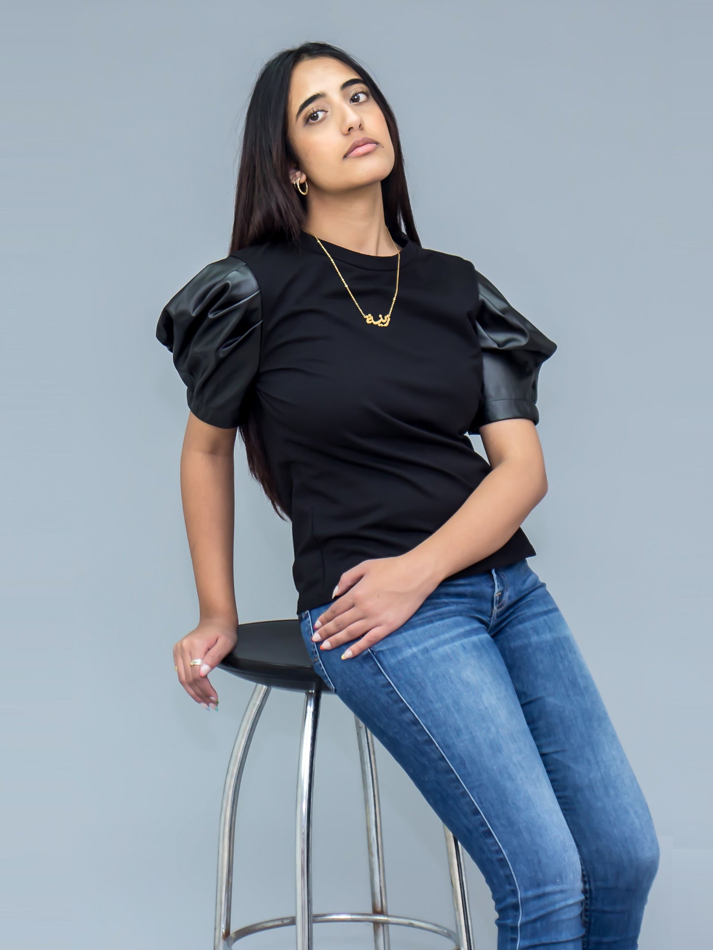 Mixed Media Faux Leather Tee Black