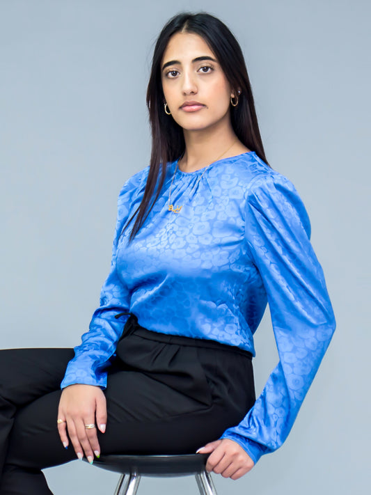 Long Sleeve Jacquard Print Top with Shoulder Pads Blue