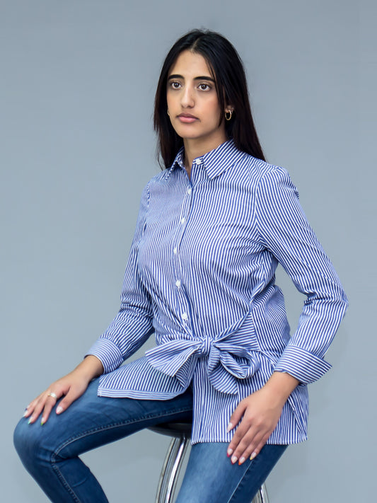 Long Sleeve Tie Front Button Down Shirt Blue