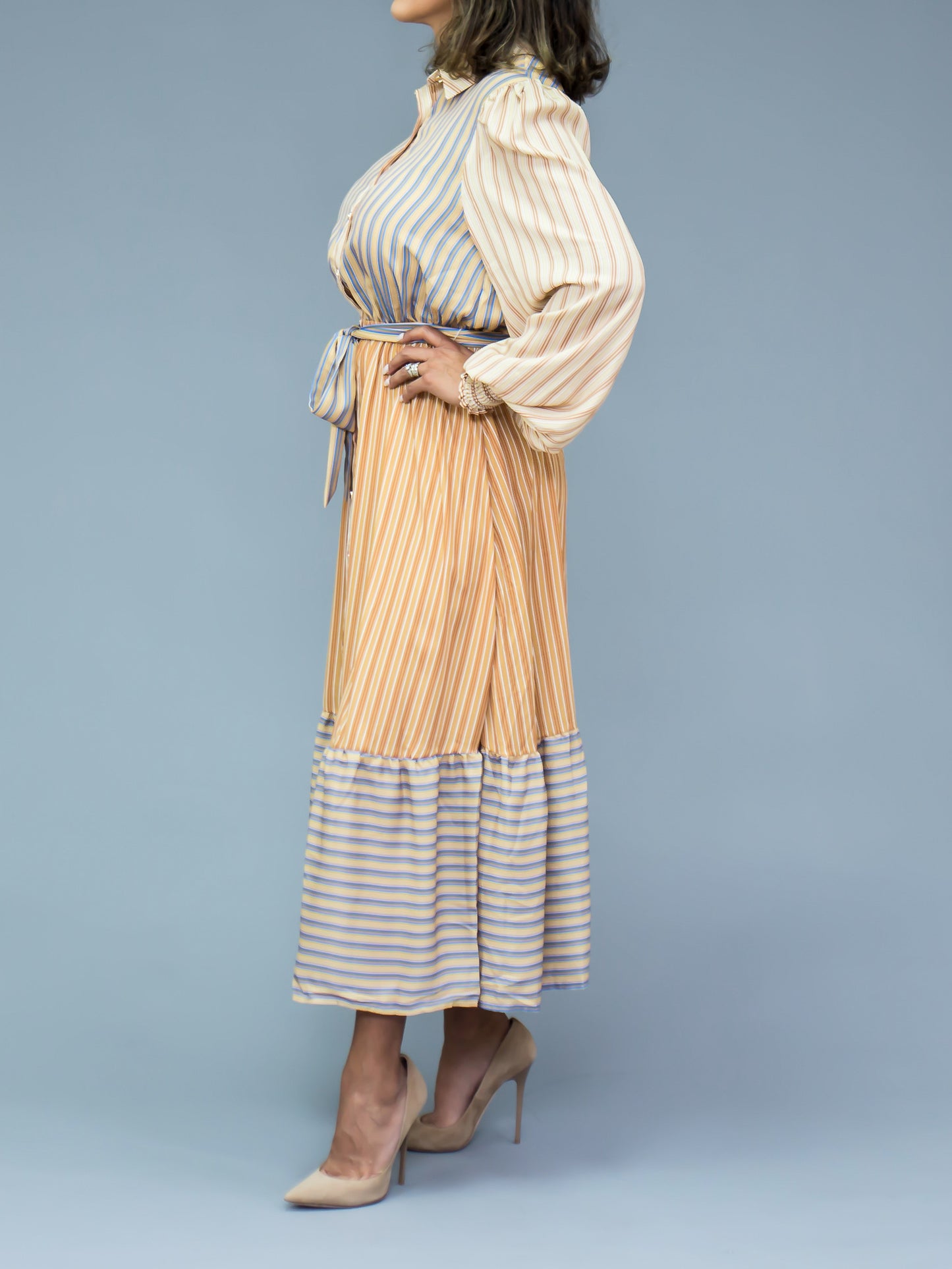 Long Sleeve Striped Maxi Dress Blue Tan